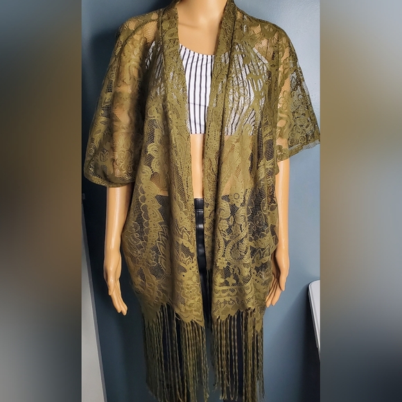 EMERETTE OPEN MESH Cover Up DARK GREEN Shawl SZ M Kimono FRINGE GREAT CONDITION - Picture 14 of 14